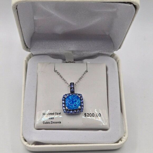 New Simulated Opal Cubic Zirconia Pendant Necklace Sterling Silver Chain - Picture 1 of 4
